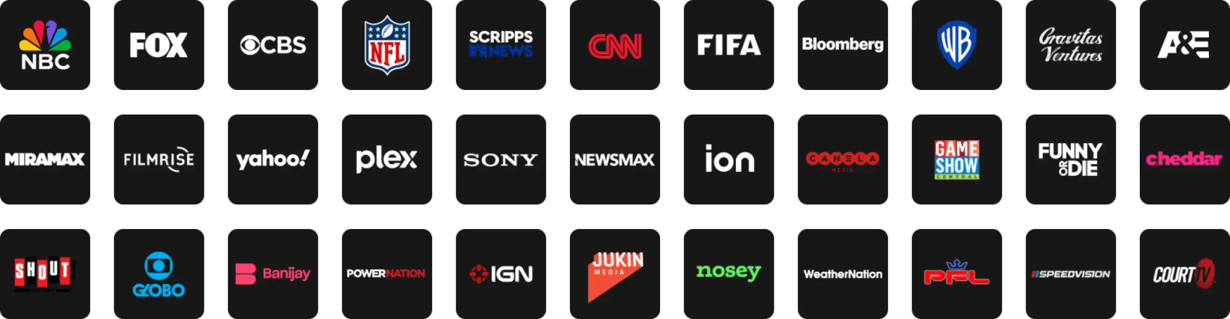 Premium content partners: NBC, FOX, CBS, NFL, CNN, FIFA, Bloomberg